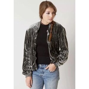 NEW Free People Medium Navy Marine Ruched Velvet Bomber Jacket Varsity Collard